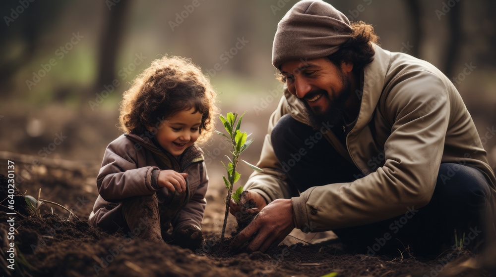 Man and his young daughter are engaged in planting trees side by side. The father's loving guidance of his kid Man and his young daughter are engaged in planting trees side by side. The father's loving guidance of his kid