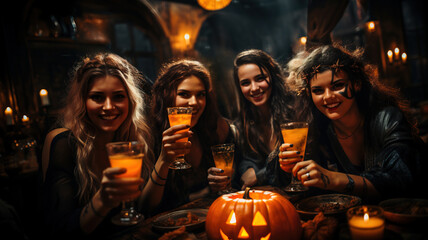 Group of Joyful Friends Drinking, Having Fun at Bar Halloween Party, Making a Toast, Cheers Alcohol Cocktails, Clinking Glasses. Festive Halloween Costumes, Jack o Lantern Pumpkin, Spooky Decor. 