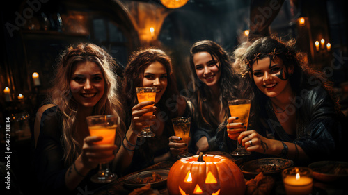 Group of Joyful Friends Drinking, Having Fun at Bar Halloween Party, Making a Toast, Cheers Alcohol Cocktails, Clinking Glasses. Festive Halloween Costumes, Jack o Lantern Pumpkin, Spooky Decor. 