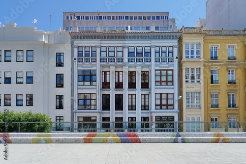Modern style buildings seen from the Plaza de Vigo, in the city of Coruna Coruna, Galicia, Spain 07262023