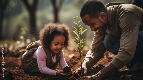 Man and his young daughter are engaged in planting trees side by side. The father's loving guidance of his kid