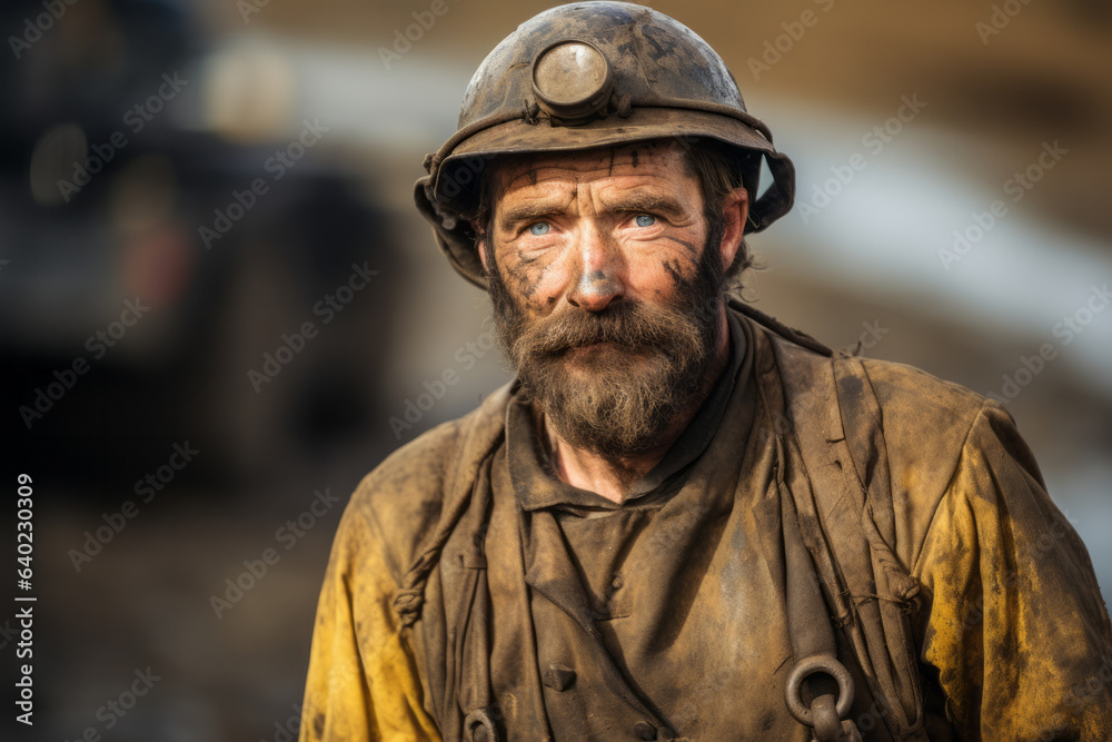 Portrait of a male miner with helmet ready to work in the mine , gold rush