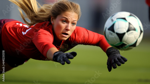 Professional woman football goalkeeper is diving to save the ball , women soccer concept © Keitma