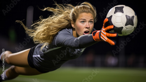 Professional woman football goalkeeper is diving to save the ball , women soccer concept
