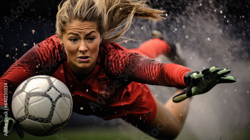 Foto Professional woman football goalkeeper is diving to save the ball , women soccer
