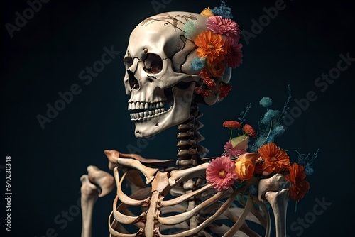 Human skeleton against the background of flowers. Illustration of the skeleton. Human skull and flowers