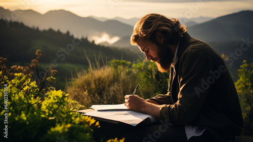 Writer or artist looking for inspiration with blank paper and natural landscape background
