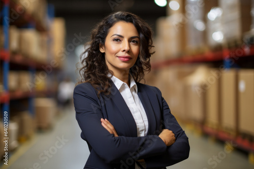 South Asian professional woman working in logistic looking at camera in a warehouse