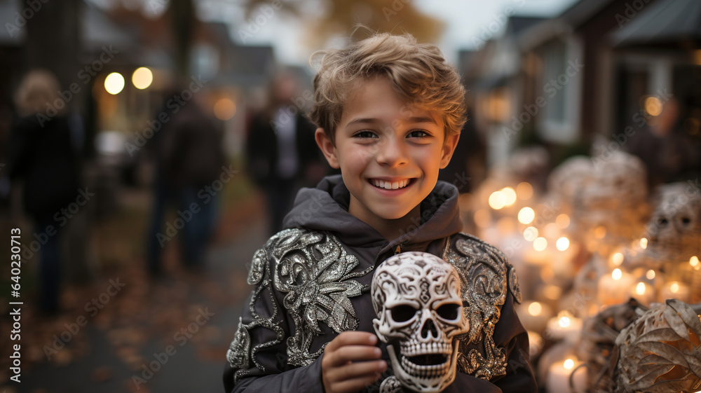 Happy Little Boy Trick or Treating. Cute  Little Child in Halloween Costume Hunting for Candiaes on October Night Outdoors. Happy Halloween concept, funny children in carnival costumes. Generative ai