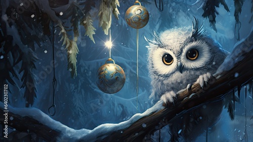 Foto Owl fledgling perched on a snowy branch, mesmerized by a hanging Christmas ornament