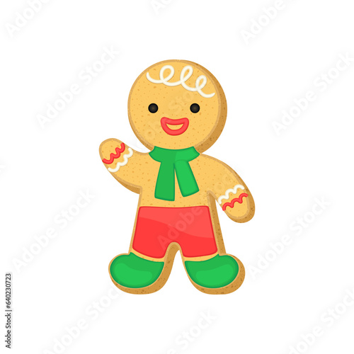 Christmas sugar cookie gingerbread man. Xmas vector illustration with cute gingerbread person cookie shape decorated with colorful icing. Red green and white colors. Holiday sugar cookie bisquit.