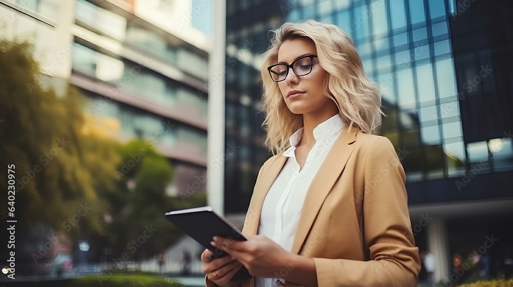A business woman standing with a notebook in a modern city. A business woman standing with a notebook in a modern city.