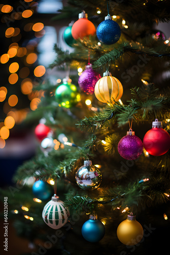 Christmas tree with colorful balls and decorations. New Year concept 