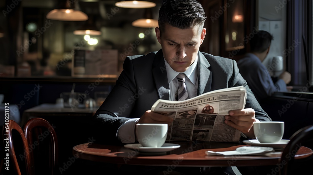 A businessman sitting at a table in a cafe drinking coffee and reading a news newspaper.
