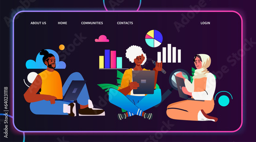 mix race student analyzing statistic data on digital screen online research e-learning distance education concept