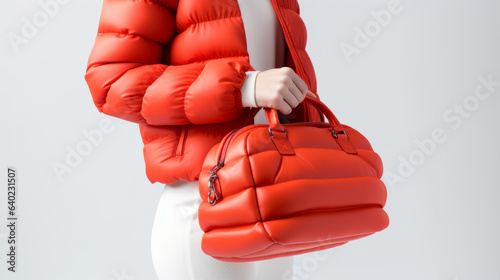 Woman holding a red puffer handbag