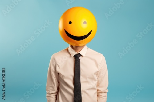a man with a smiley face balloon and a stylish tie
