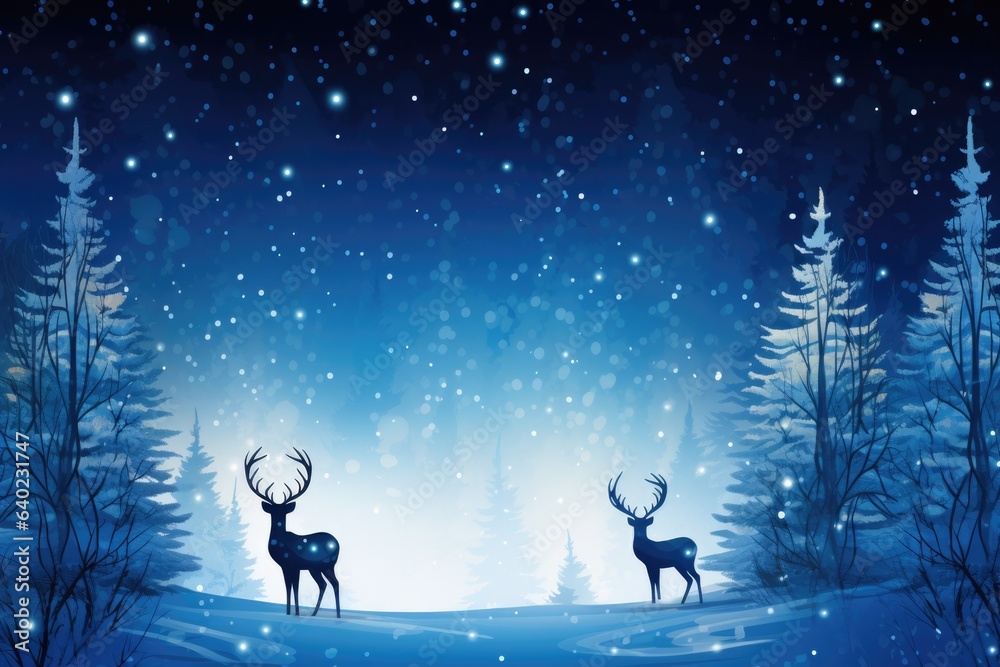 two deer standing in a snowy forest at night