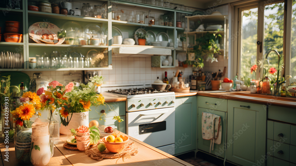 Old vintage cozy bright kitchen decorated with flowers and sun rays in summer day