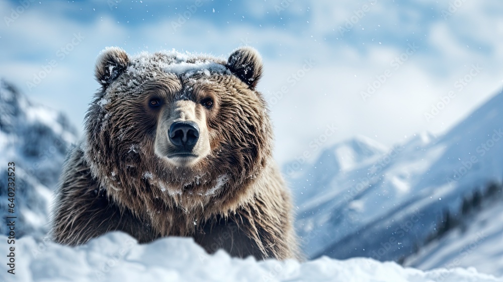 Obraz premium Brown bear stands on snowy winter landscape around mountains, generative ai