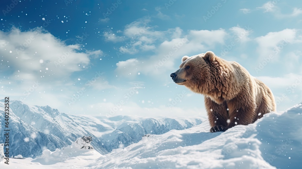 Fototapeta premium Brown bear stands on snowy winter landscape around mountains, generative ai