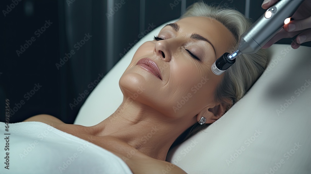 Fototapeta premium Elderly woman receiving facial hydro microdermabrasion treatment with apparatus from beautician in spa, close up portrait. Medicine, healthcare and beauty concept, generative ai