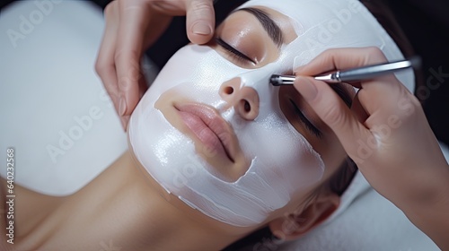 Young woman receiving clay facial mask from beautician in spa  close up portrait. Medicine  healthcare and beauty concept  generative ai