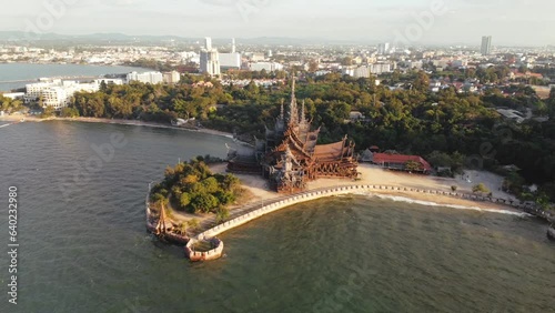 Aerial view of wooden Santuary of truth temple in Pattaya, Thailand photo