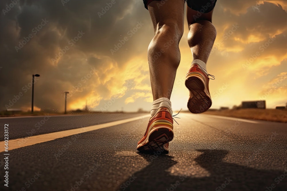 Close up on shoe sprint powerful. Runner athlete running on the road. Generative AI Close up on shoe sprint powerful. Runner athlete running on the road. Generative AI