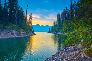 Sunrise over Mount Murry on Hungry Horse Reservoir in the Flathead National Forest, MT.