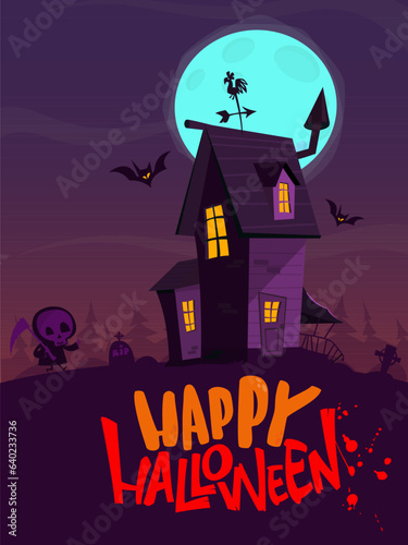 Halloween haunted house cartoon illustration. Vector horror scary mansion on the night background with moon. Party poster. photo