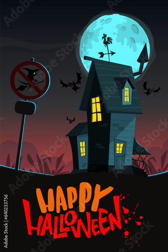 Halloween haunted house cartoon illustration. Vector horror scary mansion on the night background with moon. Party poster. photo