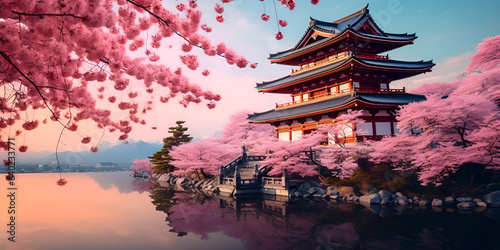 chinese temple in the morning, A chinese building with a pink flower in the foreground, A supernatural and photorealistic Japanese Cherry Tree Temple, generative Ai 