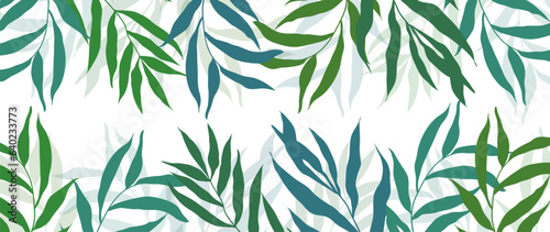 Abstract botanical background with leaves. Green color wallpaper with tropical leaves, branches, forest. Foliage design for banner, prints, decor, wall art, decoration, print.
