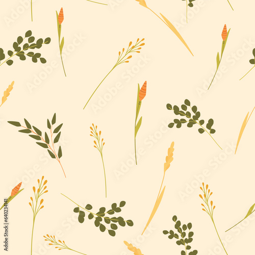 Seamless pattern of  foliage natural branches, green leaves, herbs. Vector fresh beauty rustic eco friendly background