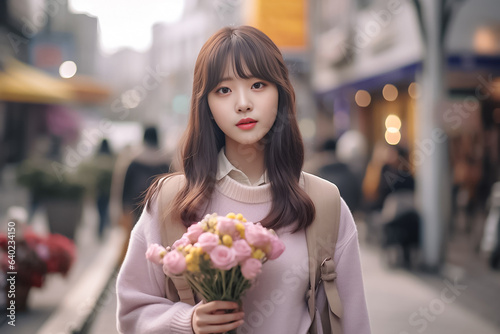 Pretty charming young woman with t shirt holding light pink flower inside road. Close up portrait of an attractive young woman holding bouquet and looking camera. Generative AI.