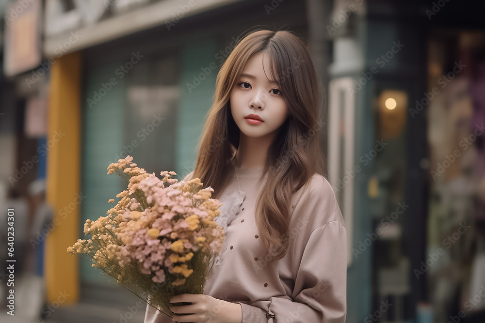 Pretty charming young woman with t shirt holding light pink flower inside road. Close up portrait of an attractive young woman holding bouquet and looking camera. Generative AI. Pretty charming young woman with t shirt holding light pink flower inside road. Close up portrait of an attractive young woman holding bouquet and looking camera. Generative AI.