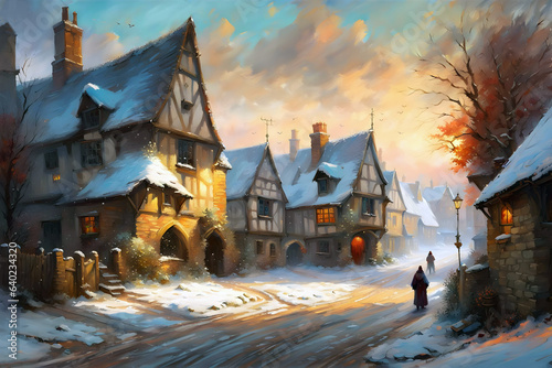painting of a winter scene with snow falling on a medieval village street with ancient timber famed houses
