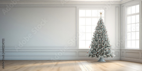 Minimalist Christmas tree, fir in white empty contemporary apartment. New Year and Christmas interior mockup. Place for text. Generative ai