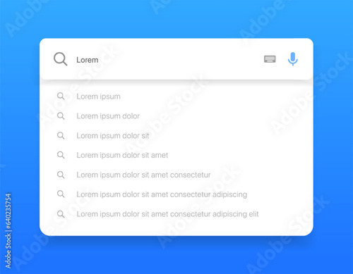 Search Bar with suggestions for UI UX design and web site. Search Address and navigation bar icon. Collection of search form templates for websites. Search engine web browser window template.
