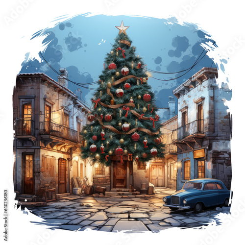 A heartwarming Christmas gift scene in a charming village square, a majestic Christmas tree adorned with handmade ornaments, Generative Ai