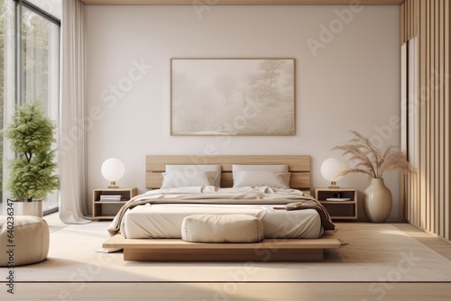 Cozy beige Japandi bedroom Interior 3D render generative ai