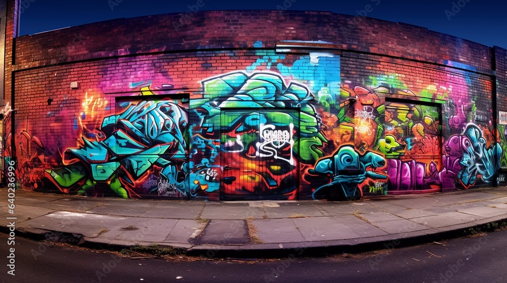 A vibrant photograph of a graffiti-covered urban wall, showcasing the eclectic textures created by layers of street art. AI generated.