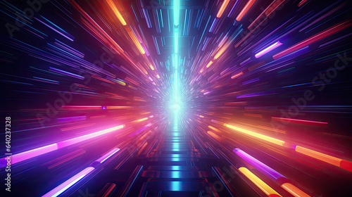 abstract future world, neon lines weave a mesmerizing tapestry, converging into a gravity catch hole, emitting vibrant, colorful laser rays photo