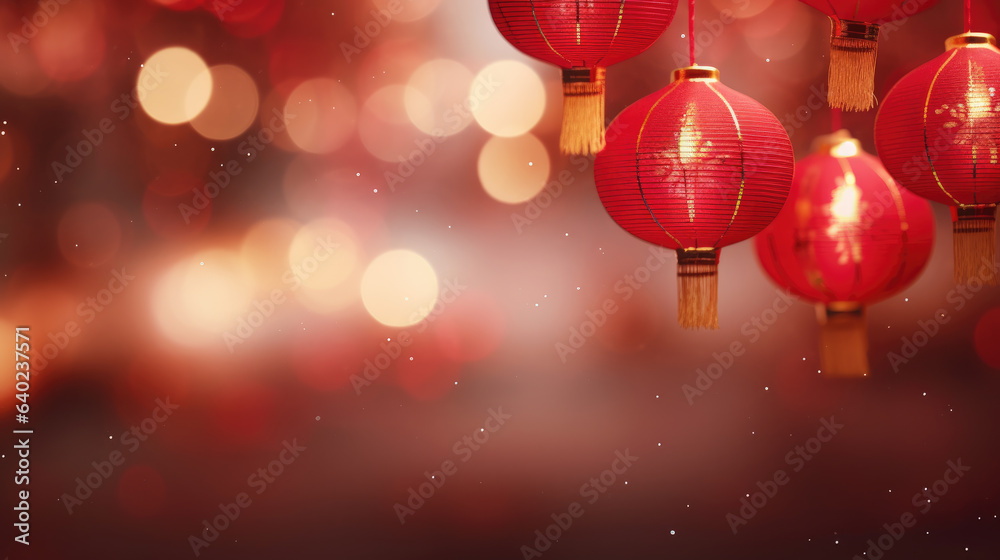 Joyful Chinese New Year, Red lanterns light up the night, spring couplets usher in luck, and bokeh sparkles with festive delight Joyful Chinese New Year, Red lanterns light up the night, spring couplets usher in luck, and bokeh sparkles with festive delight