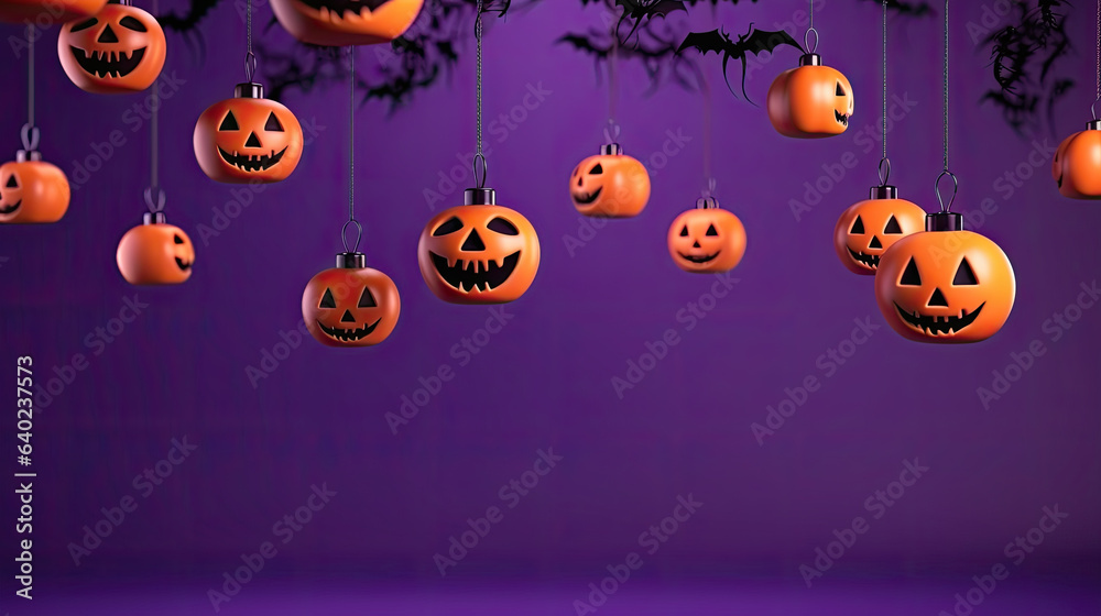 Spooky pumpkins adorn a vibrant purple backdrop, casting an eerie yet festive aura for a delightfully Happy Halloween