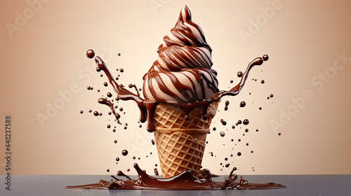 Indulge in pure bliss, Isolated light brown, chocolate soft serve ice cream, in a crisp waffle cone, adorned with a rich, velvety chocolate splash