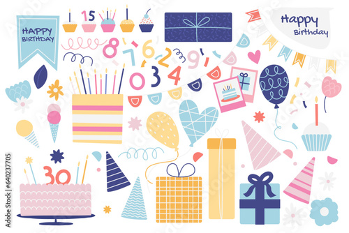 Birthday party set. Cartoon colorful elements for party celebration, colorful sweet elements for greeting card decoration. Vector isolated collection
