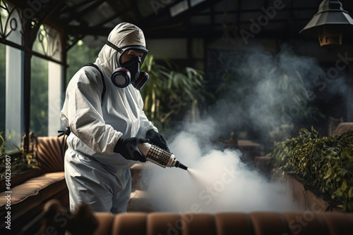 worker in protective suite spraying toxic herbicides or insecticides on vegetables growing plantation in a greenhouse