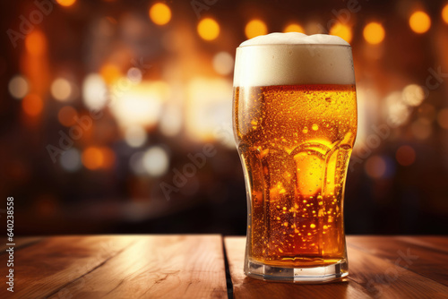 a glass of beer on a wooden table in a bar with a blurred background